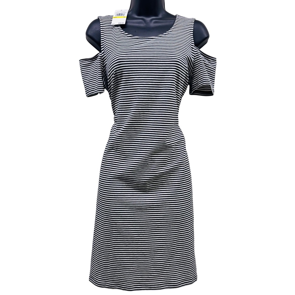 NWT Michael Kors Womens Black White Striped Cold Shoulder Shift Dress Medium